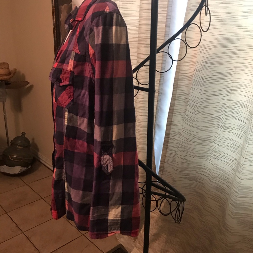 Button up shirt- pink, purple, navy, gray squares - Picture 6 of 9